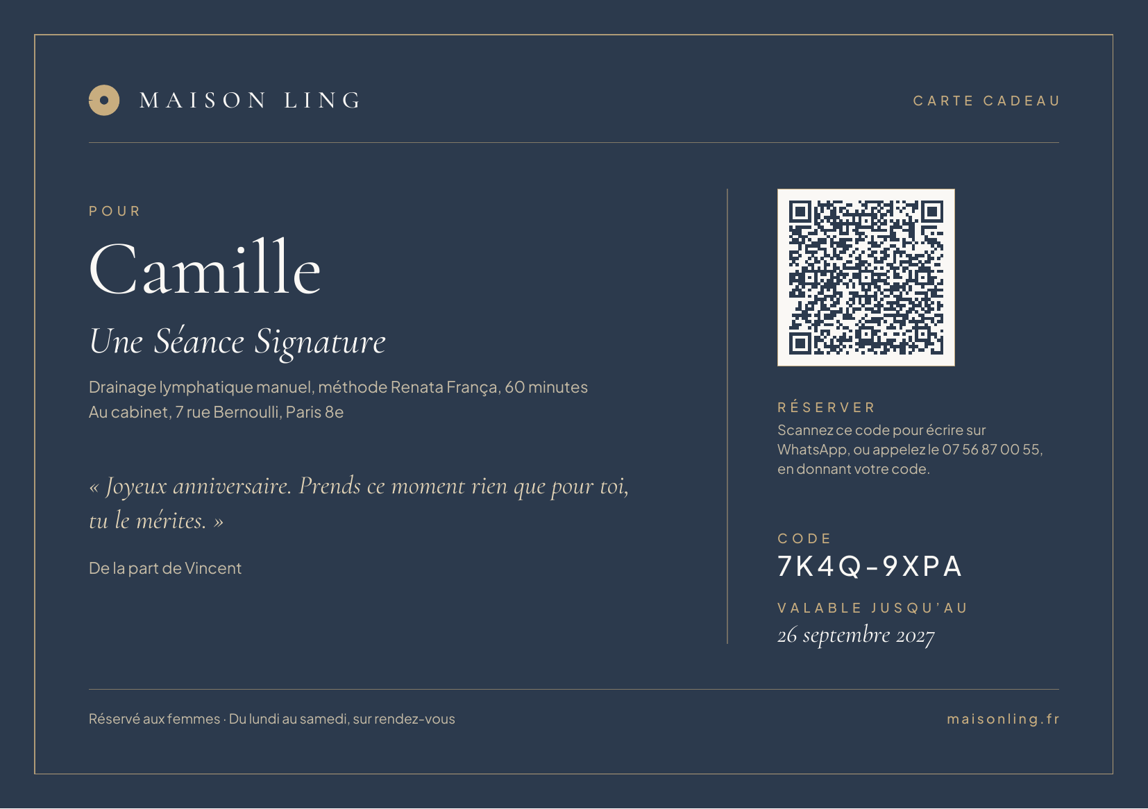 Exemple de carte cadeau Maison Ling : une Séance Signature pour Camille